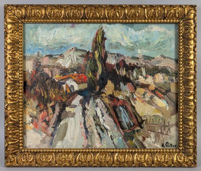an oil painting of a horse and rider in a mountainous landscape