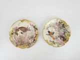 two plates with birds and flowers on them on a white surface