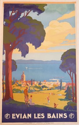 an image of a poster of a view of a town and a lake