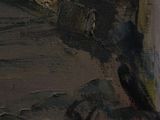 an oil painting of a bird sitting on the ground next to a building
