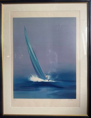 tableau représentant un voilier en pleine mer, avec un ciel bleu en arrière-plan