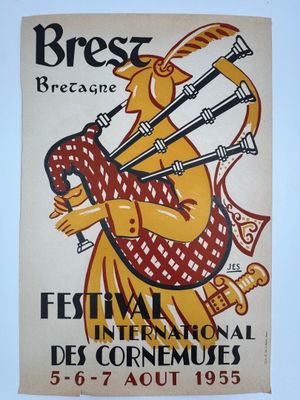an old poster of a man playing the bagpipes for a festival