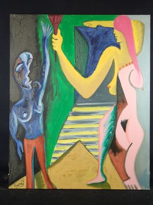 a painting of a man and a woman standing in front of a painting