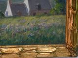 a picture of a painting of a house in a field