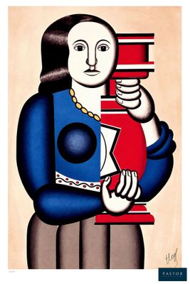 tableau représentant une femme tenant une tasse et un vase rouge et bleu