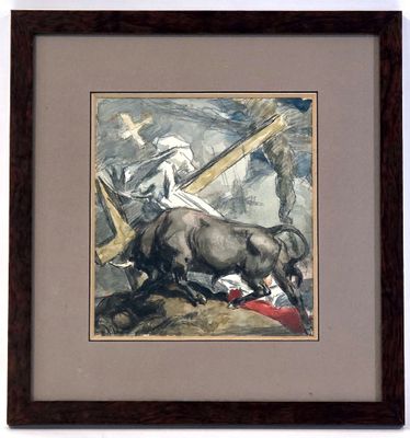 painting of a man riding a bull with a cross in the background