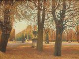 a painting of a park with trees and a statue
