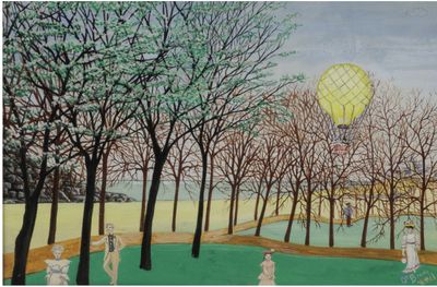 a painting of a hot air balloon flying over a park