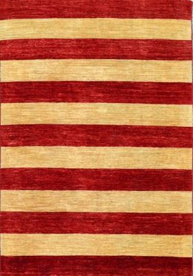 a red and yellow striped rug on a white background