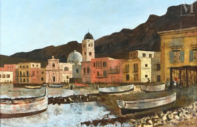 a painting of boats in a harbor with buildings in the background
