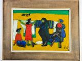 painting of a group of people hanging out clothes on a clothes line