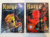 two comics are on display on a white surface