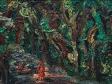 painting of a red fire hydrant in a wooded area surrounded by trees