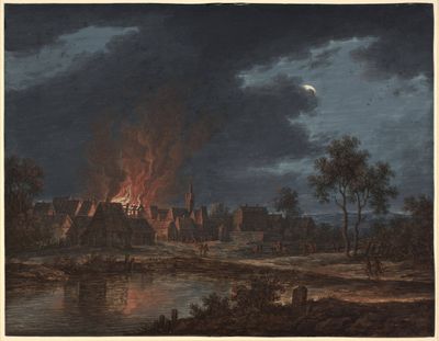 an image of a painting of a castle on fire with a full moon in the background