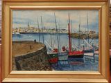 a painting of a harbor scene with boats in the water