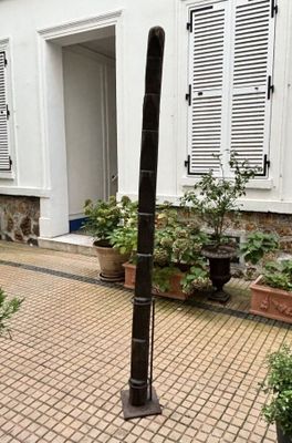 un poteau noir devant un immeuble orné de plantes en pot