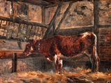 a painting of a cow that is standing in a barn