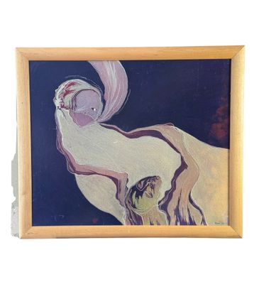 tableau représentant une femme en robe blanche tenant un chat dans ses bras