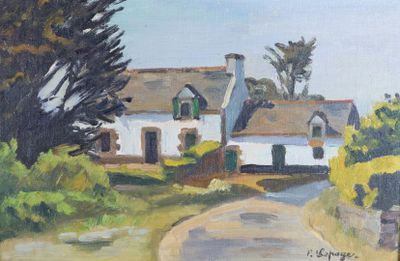 tableau représentant une route de campagne avec une maison et des arbres en arrière-plan