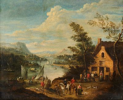 tableau représentant une scène de village avec une rivière et un village peuplé de personnages et d'animaux