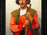 painting of a man with a stick in his hand in a black frame