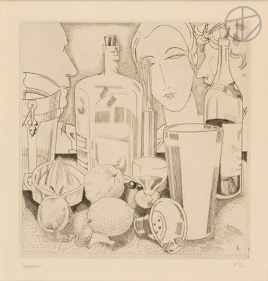 a drawing of a still life with a bottle and a glass