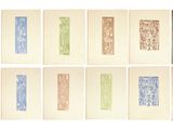 six cartes de couleurs différentes, ornées de motifs variés, sur un fond blanc