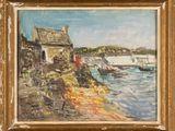 an oil painting of boats in the water near a building