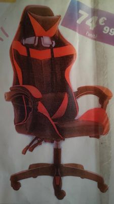 an advertisement for a computer chair with a red and black seat