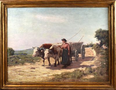 une image représentant un tableau où l'on voit un homme avec deux bœufs tirant une charrette