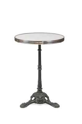 a round table with a metal base and a glass top