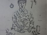 dessin au crayon représentant un homme assis à une table avec une tasse de café