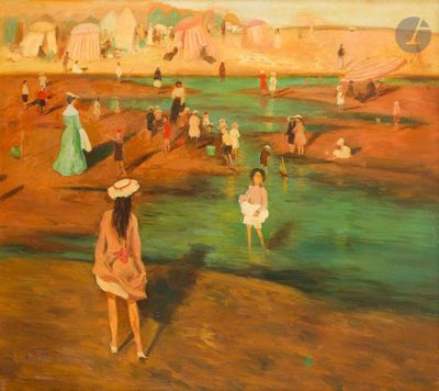 un tableau représentant une femme marchant sur la plage