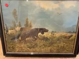 painting of a dog running through a field with a bird in the background