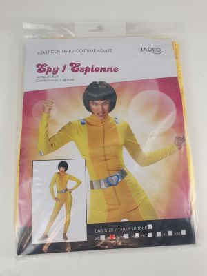 the costume is yellow and has a picture of a woman in a yellow outfit