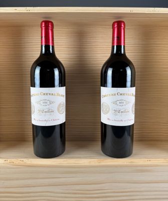 two bottles of red wine sit in a wooden box