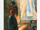 un tableau représentant une femme debout devant une fenêtre