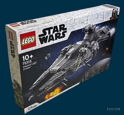 une boîte contenant des sets Lego Star Wars sur fond bleu