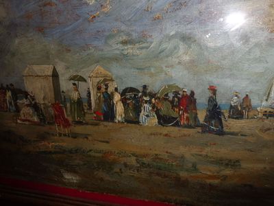 une peinture représentant un groupe de personnes sur la plage