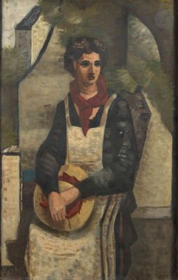 tableau représentant un homme coiffé d'un chapeau et portant un tablier, tenant un chapeau à la main