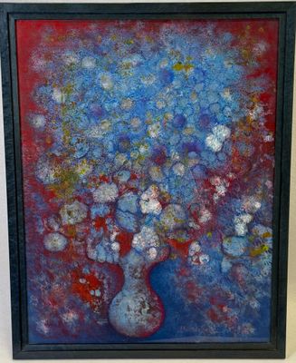 Laszlo MONDSZENTI (Né en 1934) Bouquet de fleurs bleu sur fo…