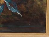 an oil painting of a blue bird sitting on a branch of a tree