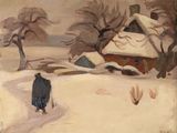tableau représentant une personne marchant dans la neige près d'une maison