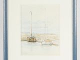 painting of a boat in a body of water with a sky in the background