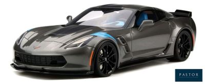 the toy car is gray and has a blue stripe on it