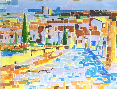 une image d'une peinture d'une ville au bord de l'eau