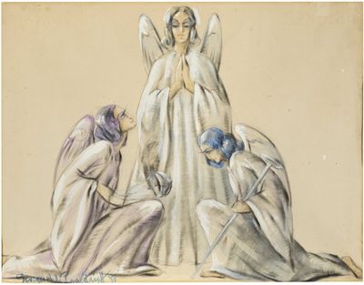 une image représentant un dessin d'une femme agenouillée devant un ange