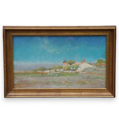 a painting of a farm scene with a blue sky in the background