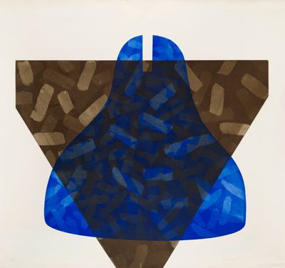 une peinture abstraite représentant un triangle composé de formes bleues et marron