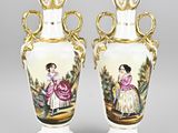 pair of antique porcelain vases decorated with ladies and flowers